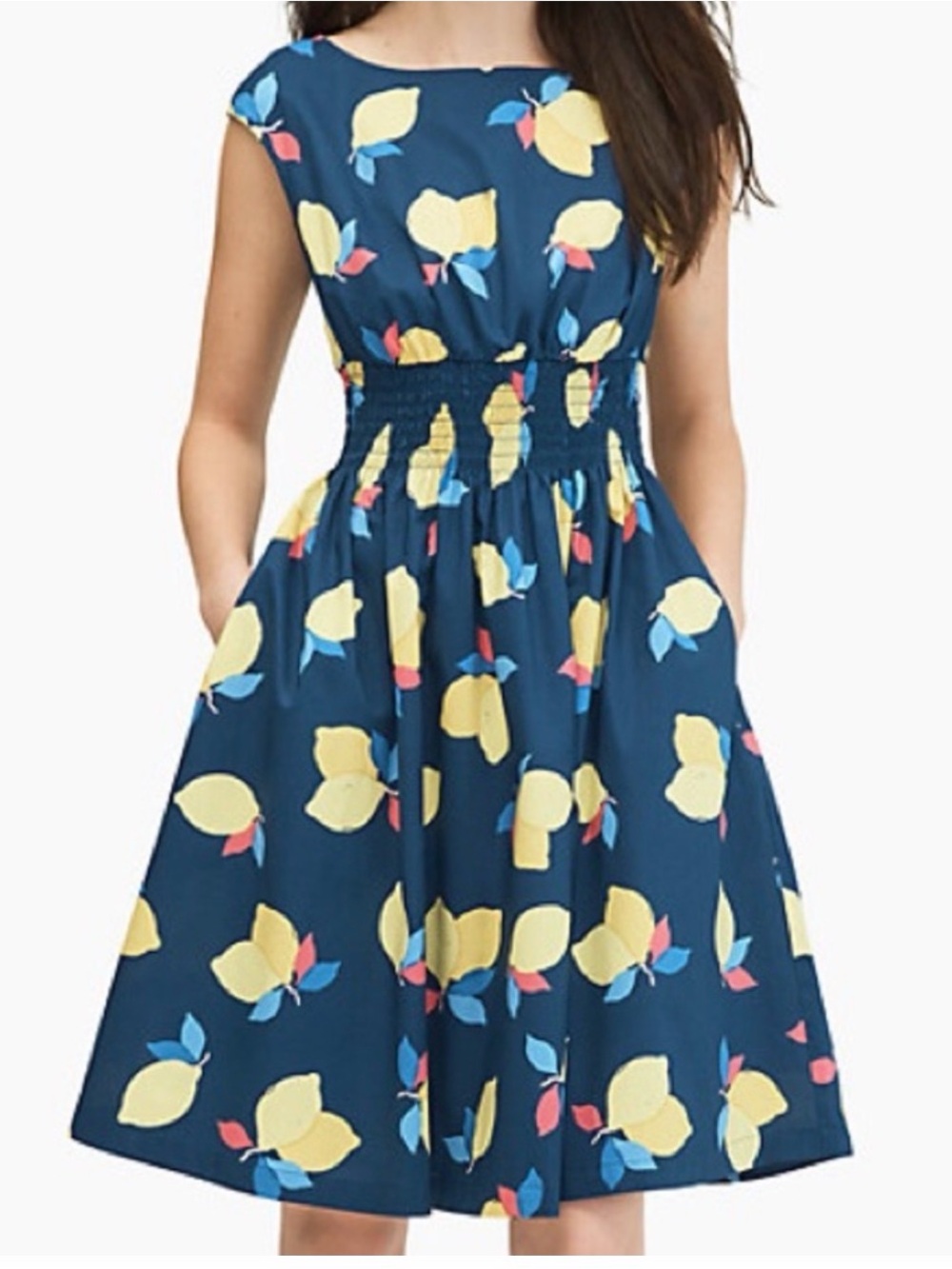 Kate Spade Navy Blue Lemon Print MIDI Dress